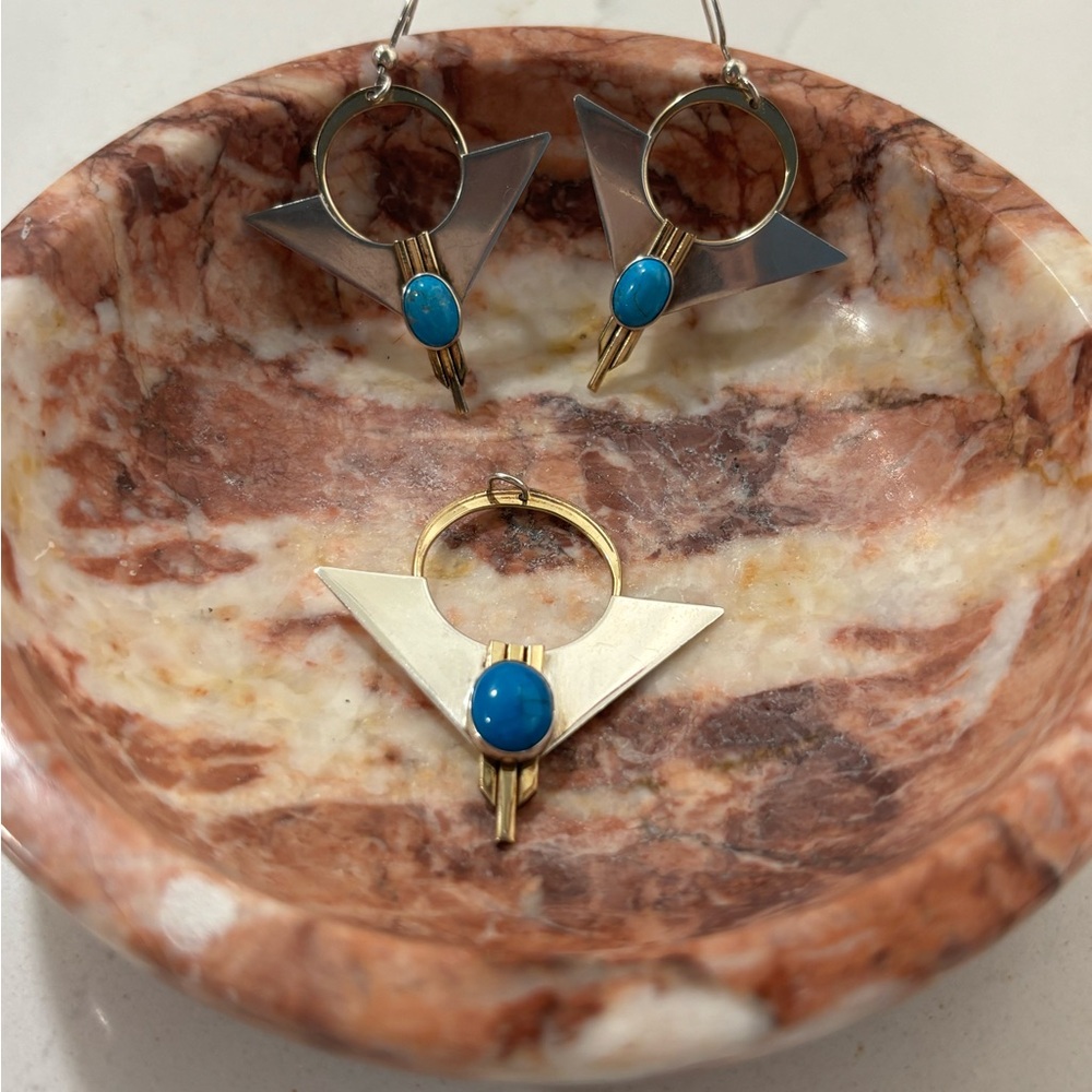 RARE VINTAGE 14k GF & 925 Sterling Turquoise Cabochon Pendant & Earrings